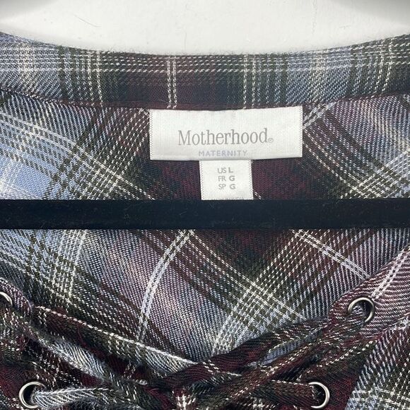 Motherhood Maternity Plaid Tunic Roll Tap Sleeves V cross string tie Size Large - Picture 4 of 10